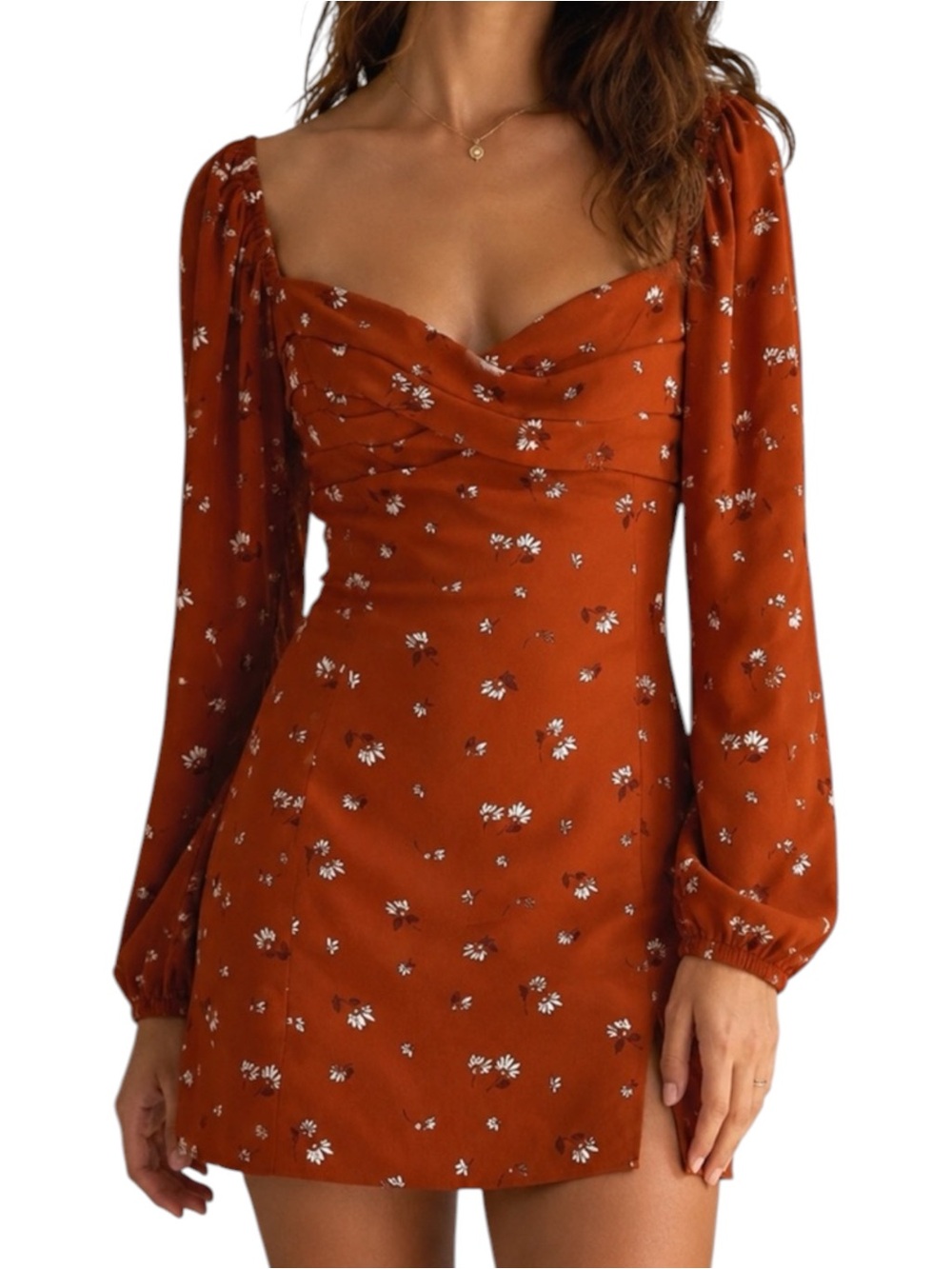 ABERCROMBIE & FITCH Floral Sweetheart Puff Sleeve Mini Dress Rust Medium